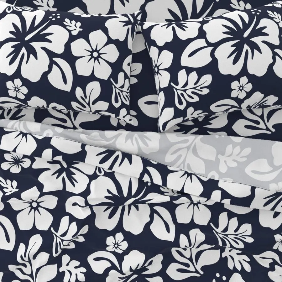 White Hawaiian Flowers on Navy Blue Sheet Set from Surfer Bedding™️ Medium Scale