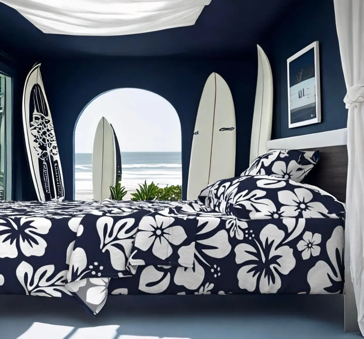 White Hawaiian Flowers on Navy Blue Sheet Set from Surfer Bedding™️ Medium Scale