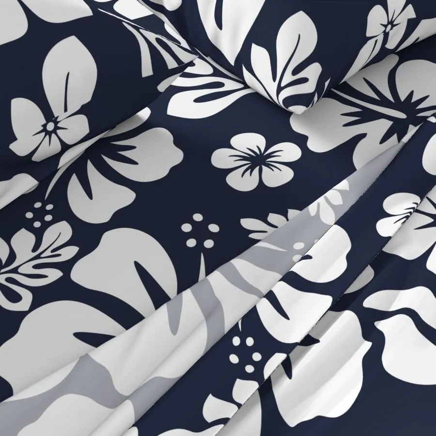 White Hawaiian Flowers on Navy Blue Sheet Set from Surfer Bedding™️ Medium Scale